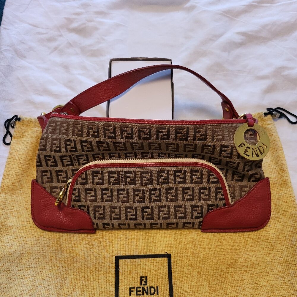 Fendi FF Logo Mini Bag in Brown and Red Leather Trim